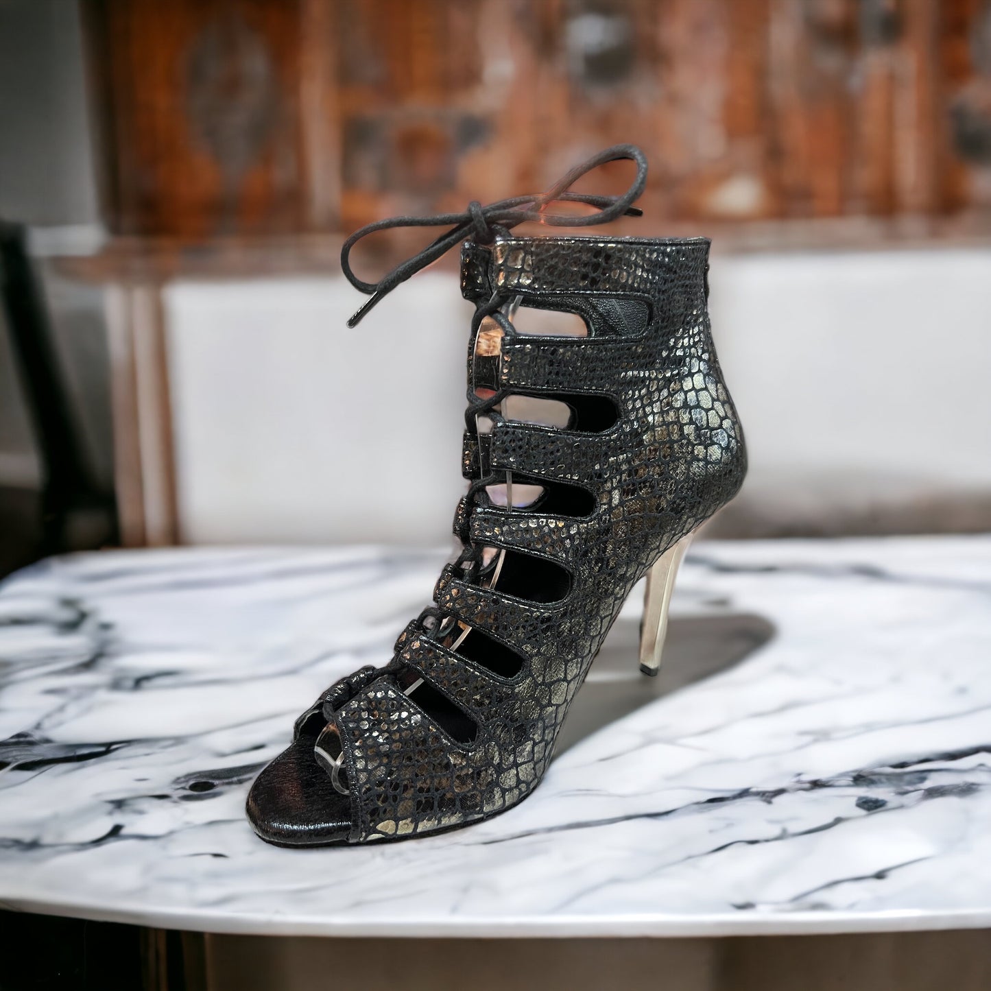 Electra Black Snakeskin 4" Gold Heel