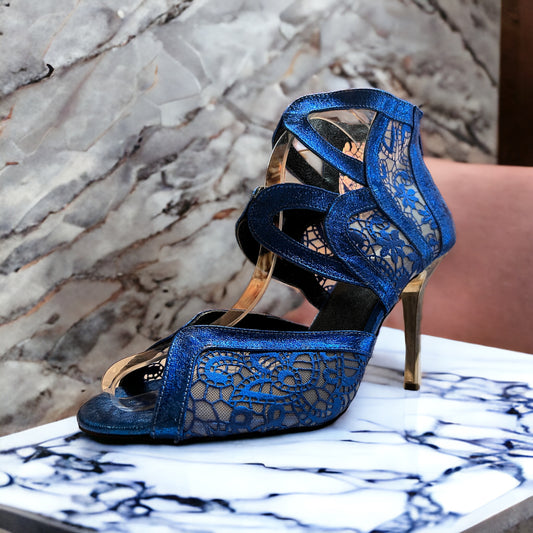 Lyra Blue Lace 4" Gold Heel