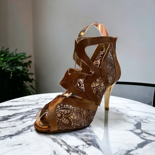 Lyra Tan Lace 3.5" Gold Heel