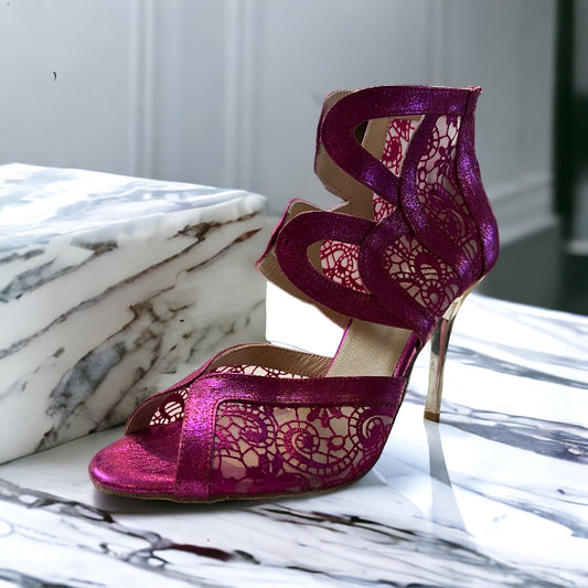 Lyra Hot Pink Lace 4" Gold Heel